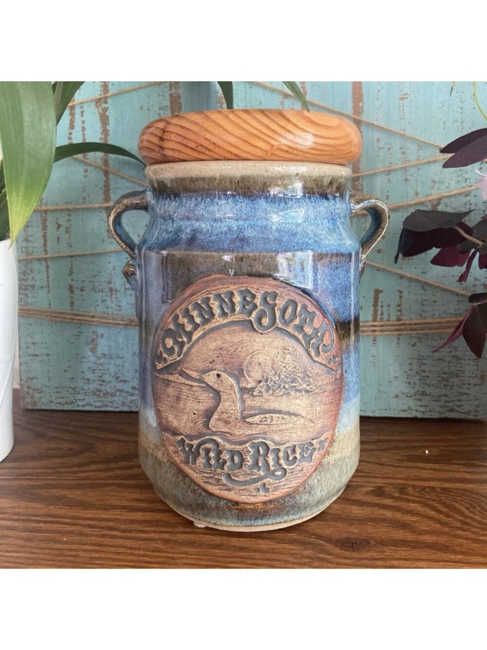 Minnesota Wild Rice Duck  Drip Glaze Pottery Kitchen Container W Seal Signed